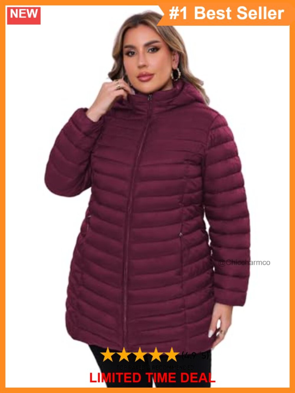 Plus Size Packable Hooded Puffer Jacket Quilted Thigh Length 1X-6X